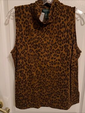LAUREN Ralph Lauren Brown Leopard Print Sleeveless Mock Neck Tank